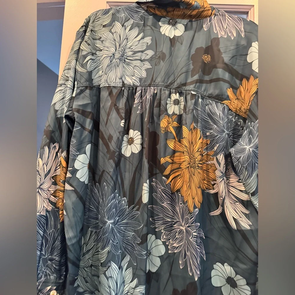 Anthropologie Briel Teal Floral Satin Button-Up Blouse with Mustard Accents XL - Picture 8 of 8